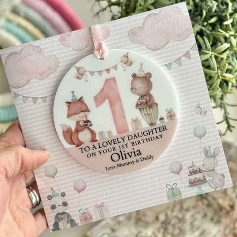 1st Birthday Party Animal Card Pink