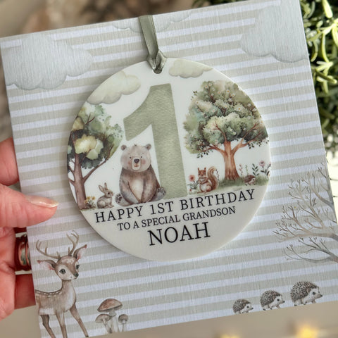 1st Birthday Green Woodland Card